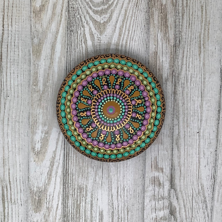 Mandala Steen Dot Art Roze, Mintgroen en Goud 