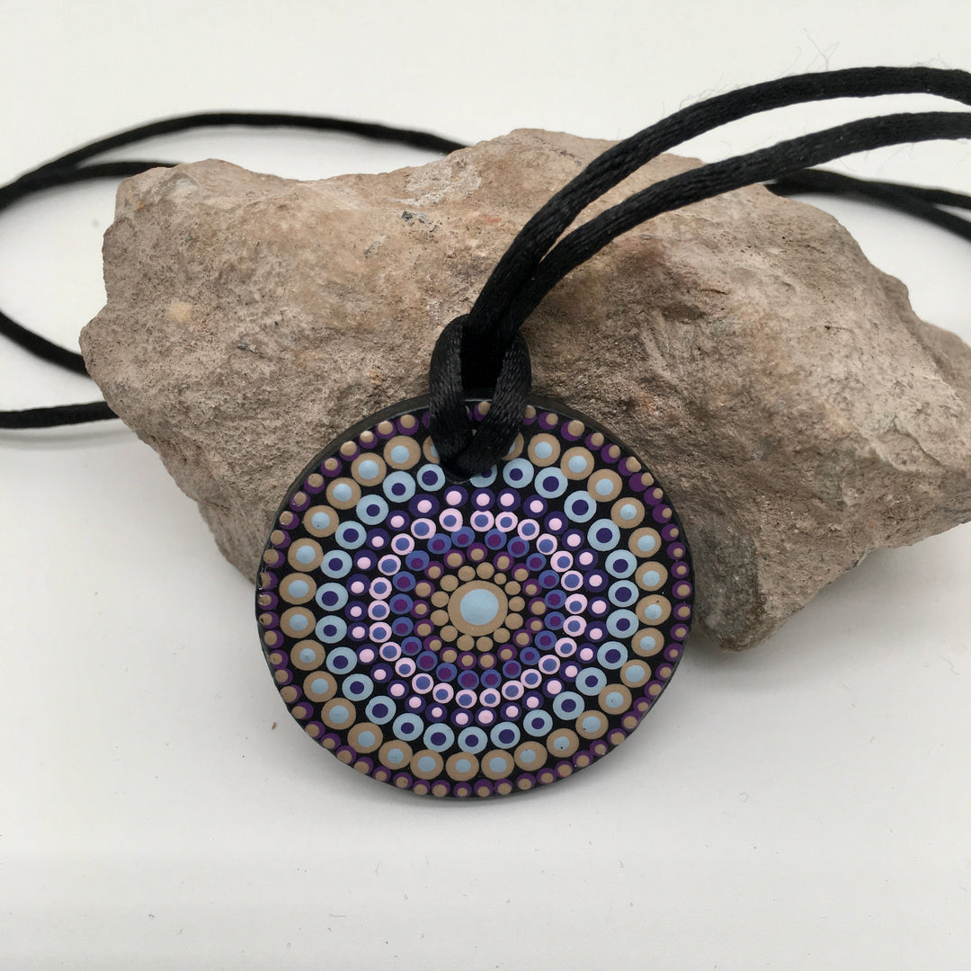 Necklace Round Pendant Mandala in Sand, Purple and Pink