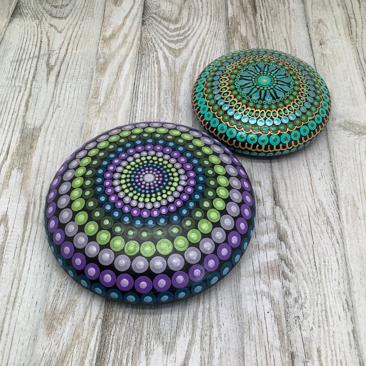 Mandala Stone Dot Art Purple, Green and Blue medium