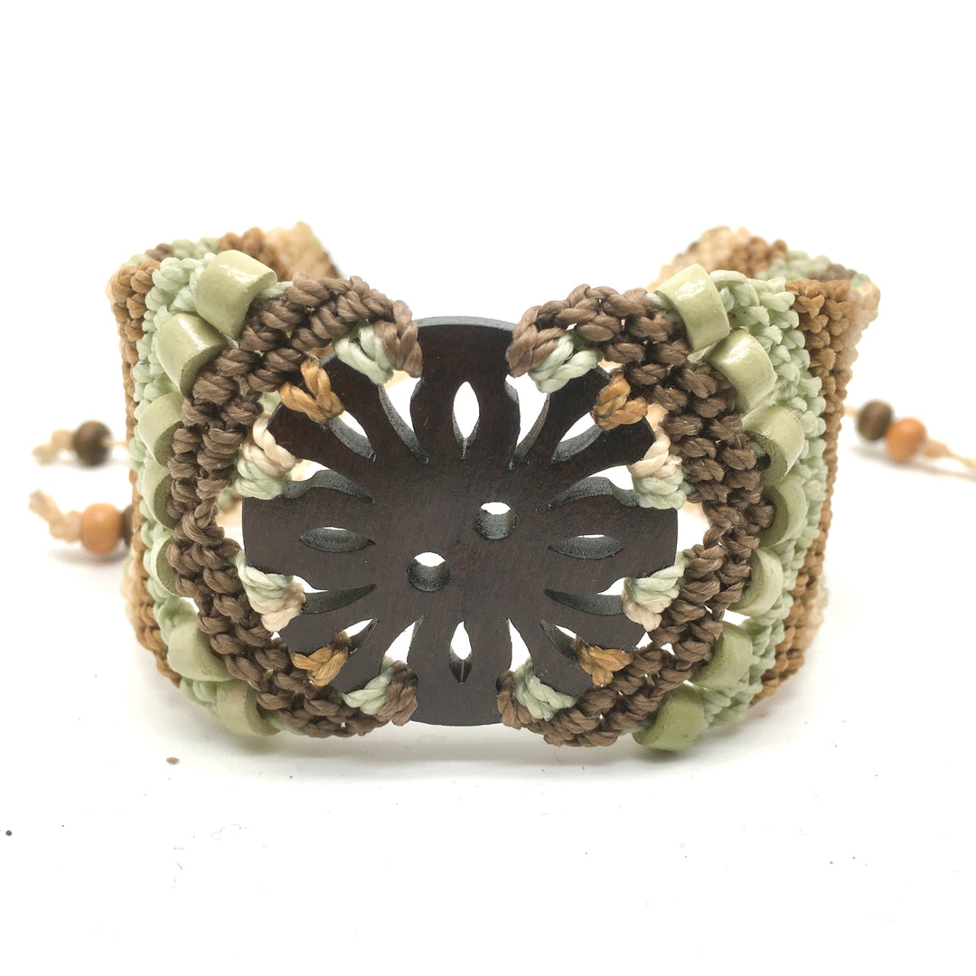 Macrame Bracelet Cuff in Soft Green, Brown and Ecru