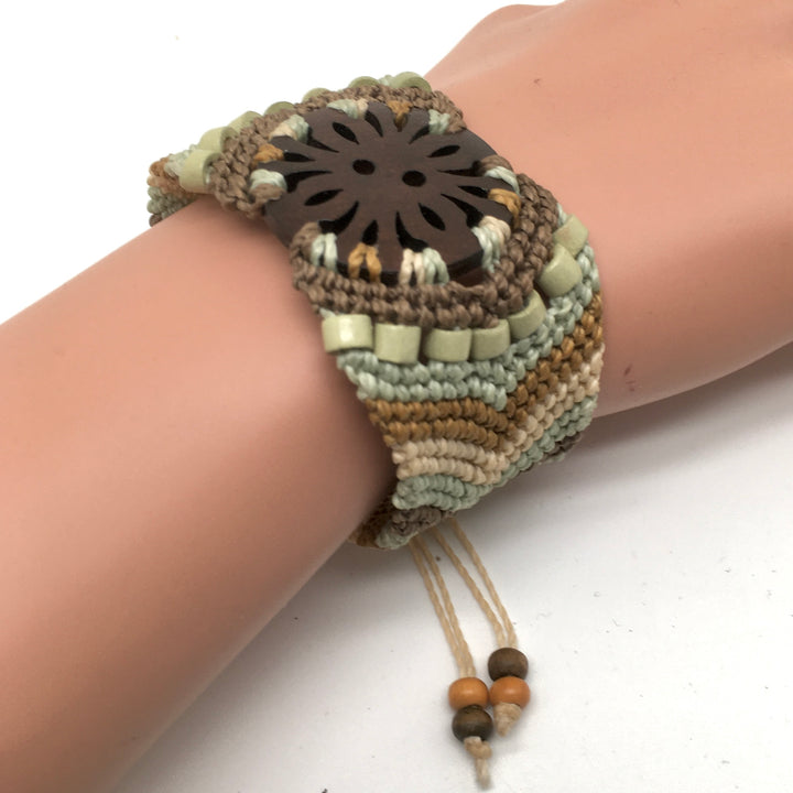 Macrame Bracelet Cuff in Soft Green, Brown and Ecru