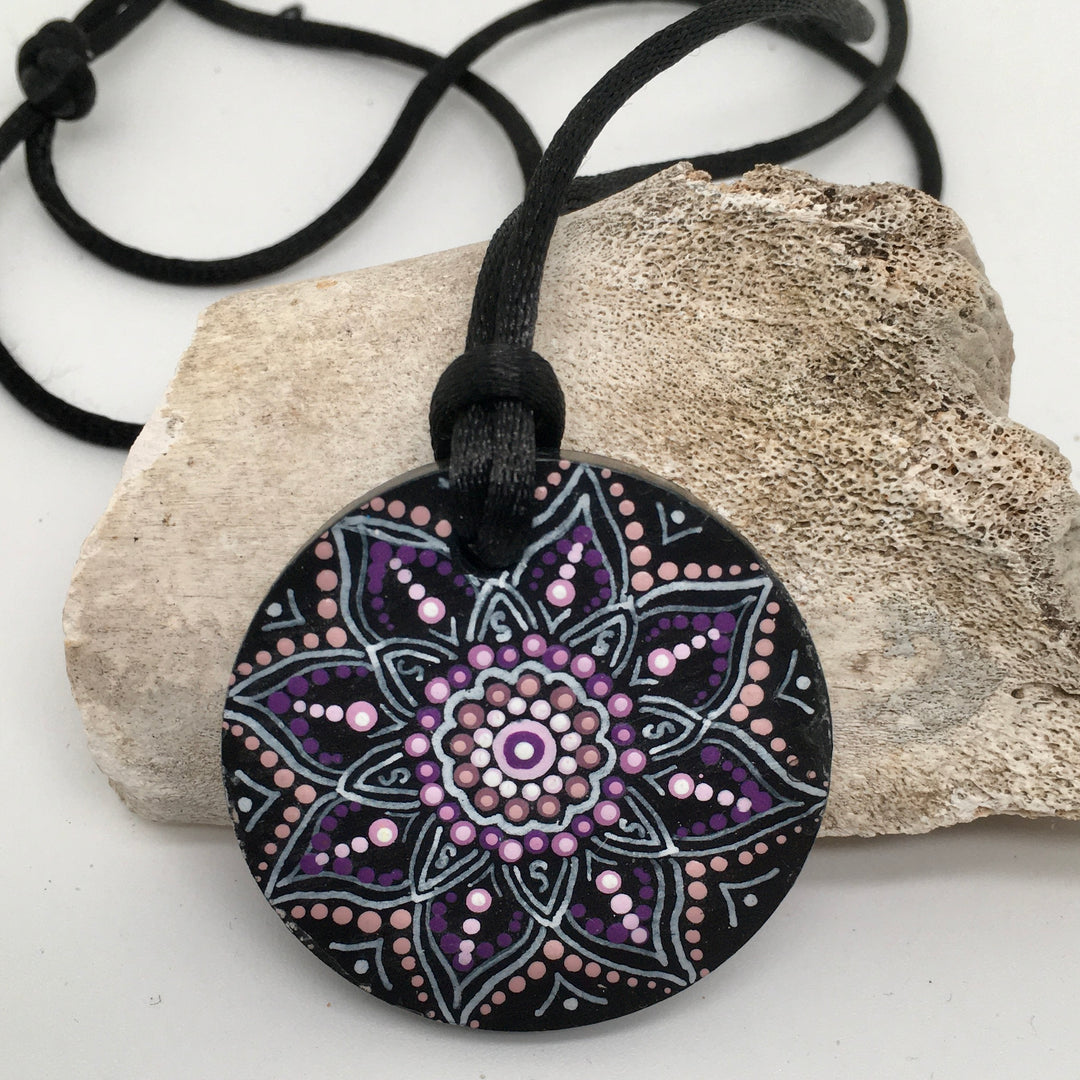 Necklace Round Pendant Mandala Pink and Purple