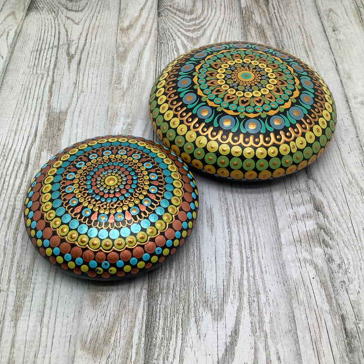 Mandala Rock in Copper, Turquoise and Yellow small