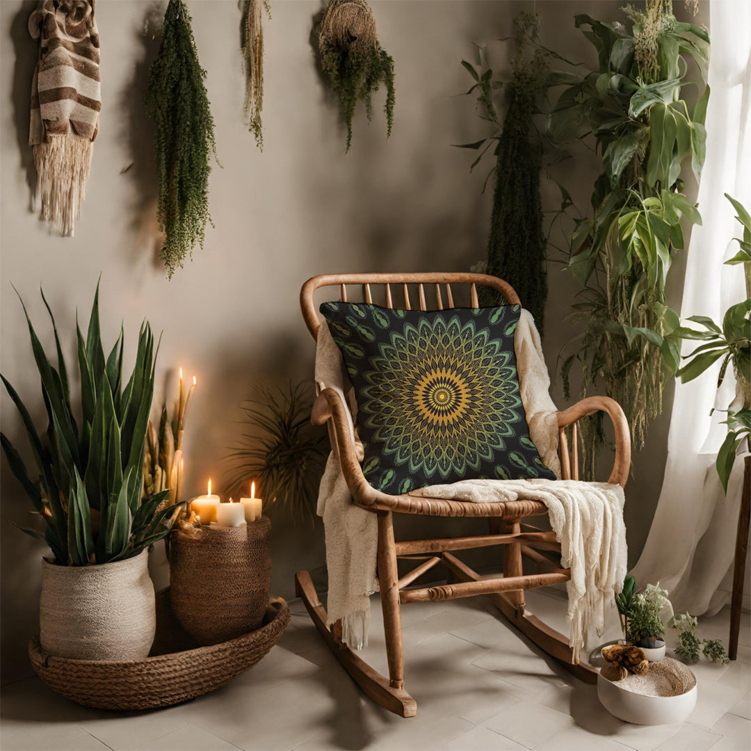 Garden Charisma: Green and Yellow Mandala Embellished Pillow Cover