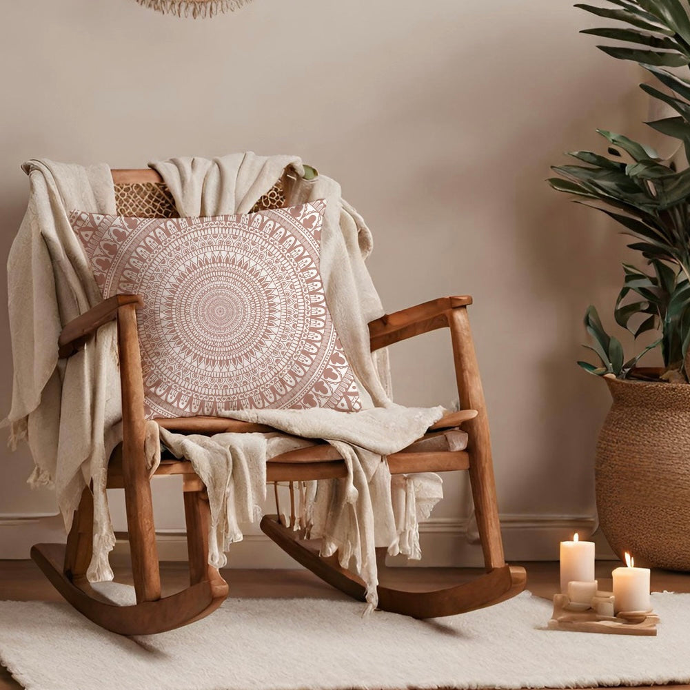 Terracotta Delight: White Mandala Throw Pillow with Intricate Mehndi Design