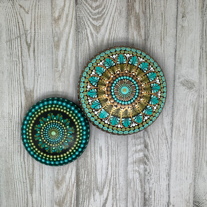 Mandala Steen in Groen en Blauw 