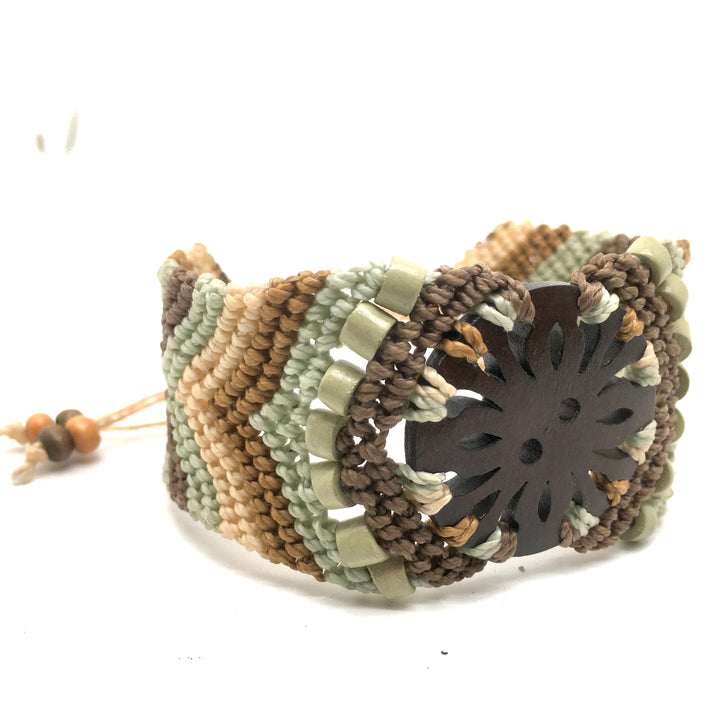 Macrame Bracelet Cuff in Soft Green, Brown and Ecru