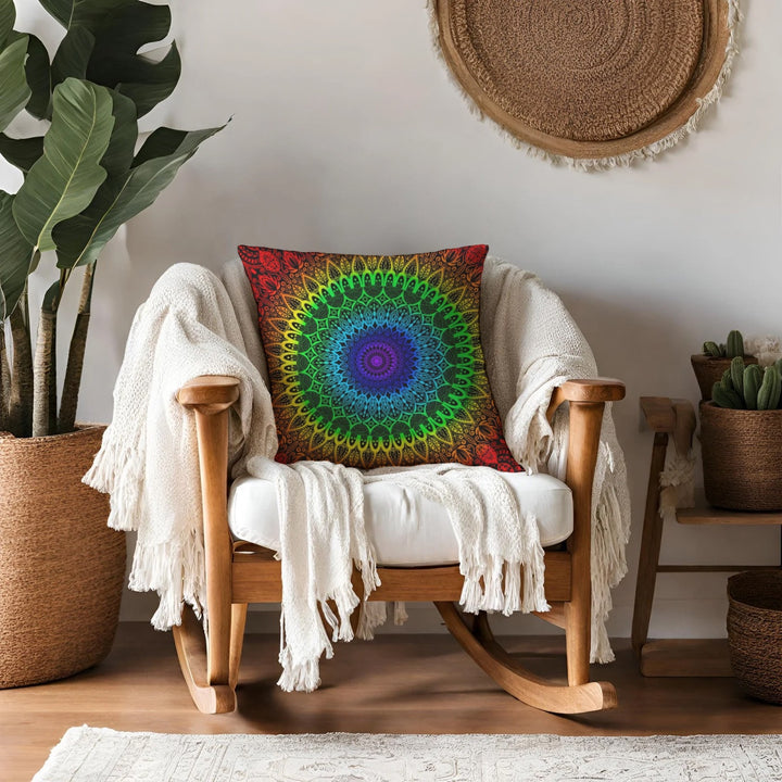 MandalaStone throw pillow 7 Chakras on a rocking chair