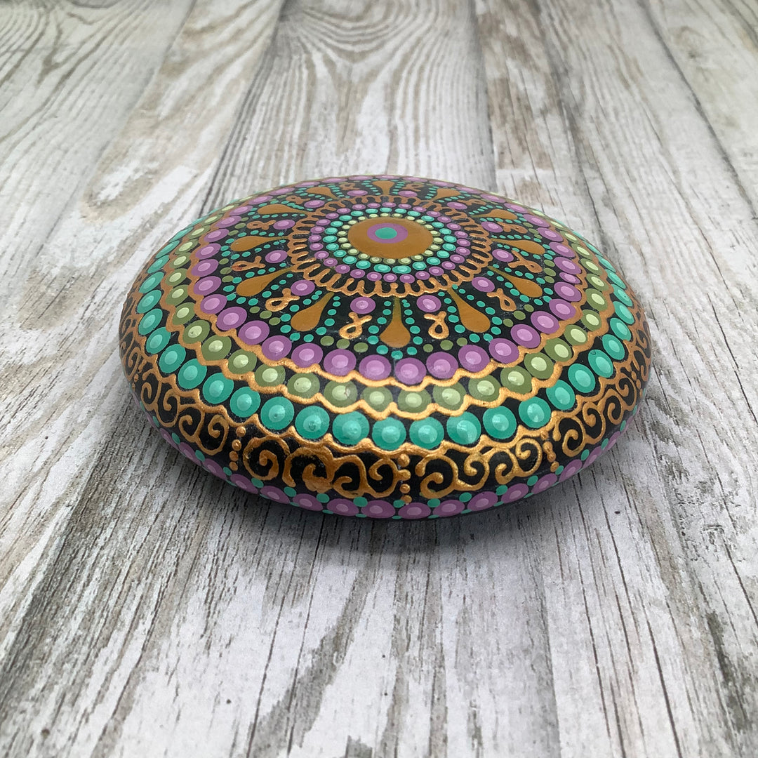 Mandala Steen Dot Art Roze, Mintgroen en Goud 