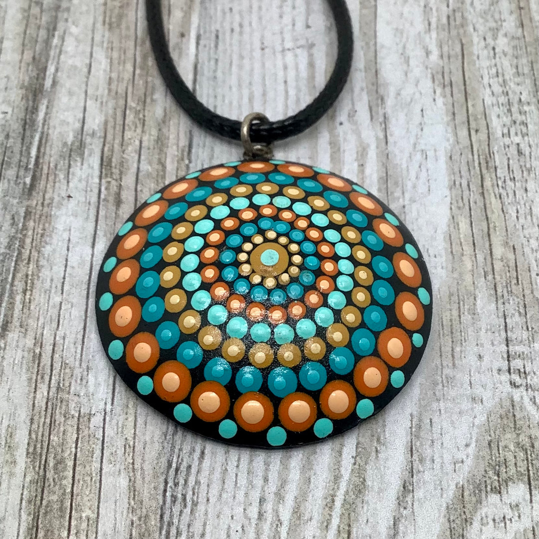 Mandala Necklace Dot Art in turquoise, orange and blue