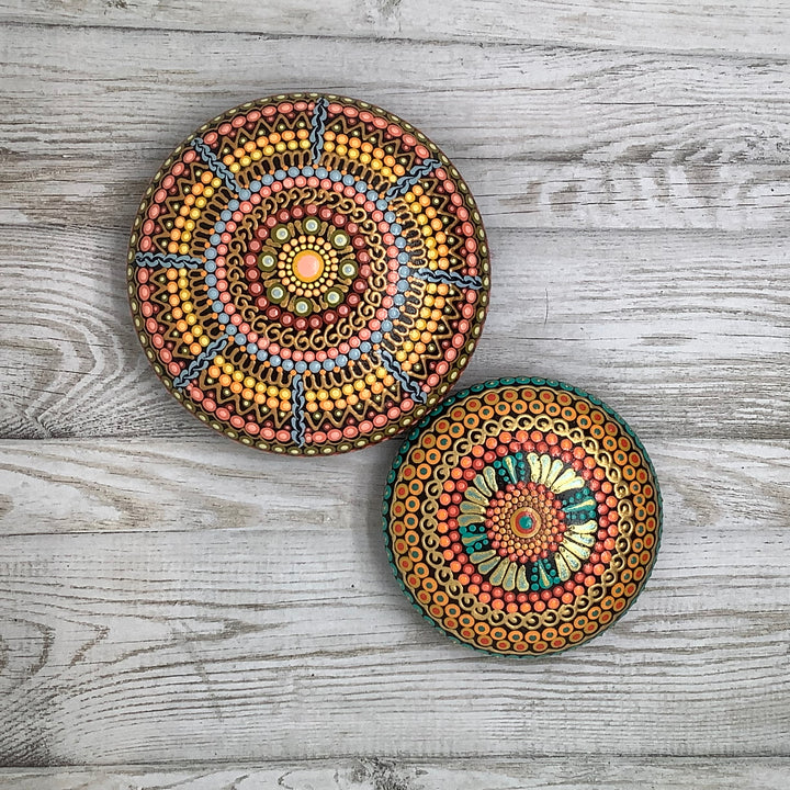 Mandala Stone Orange, Green and Gold small