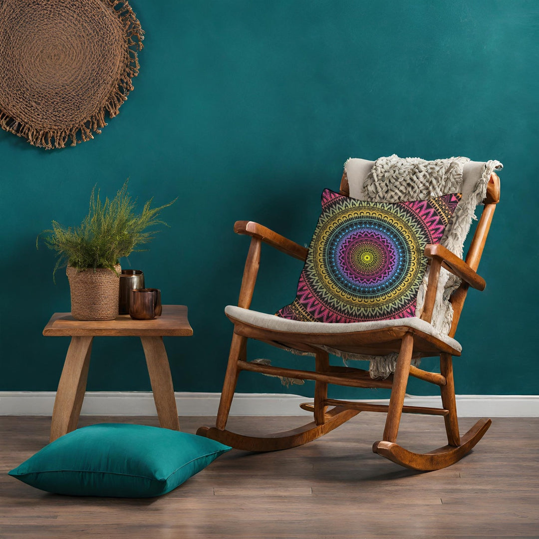 Rocking chair with boho mandala trow pillow from MandalaStone