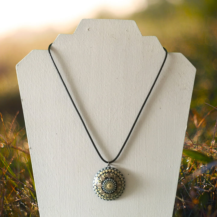 Necklace Dot Mandala Pendant Taupe, Soft Green and Light Blue