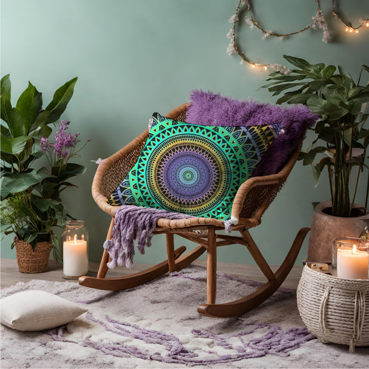 Minty Elegance: Vibrant Mandala Throw Pillow in Mint Green, Purple & Yellow