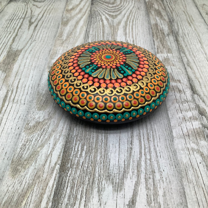 Mandala Stone Orange, Green and Gold small