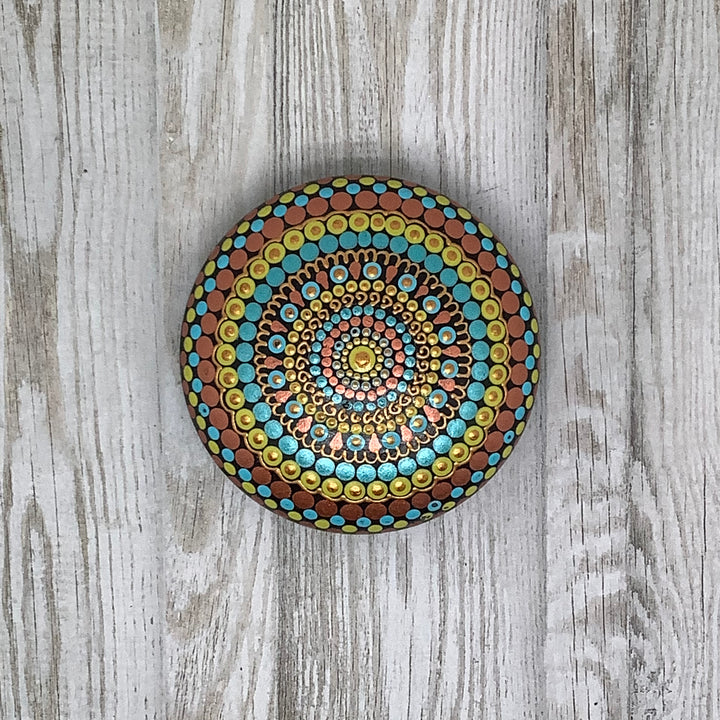 Mandala Rock in Copper, Turquoise and Yellow small