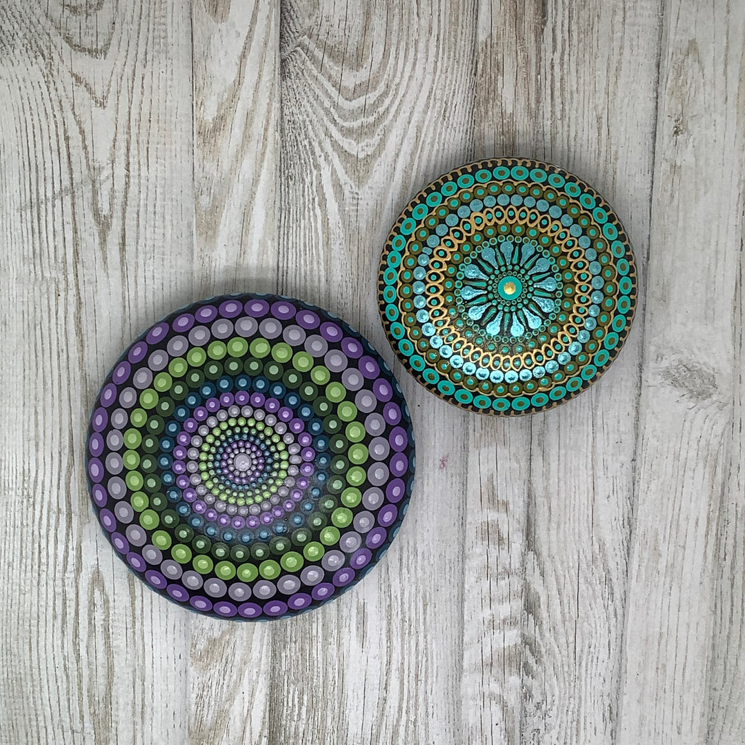 Mandala Stone Dot Art Purple, Green and Blue medium