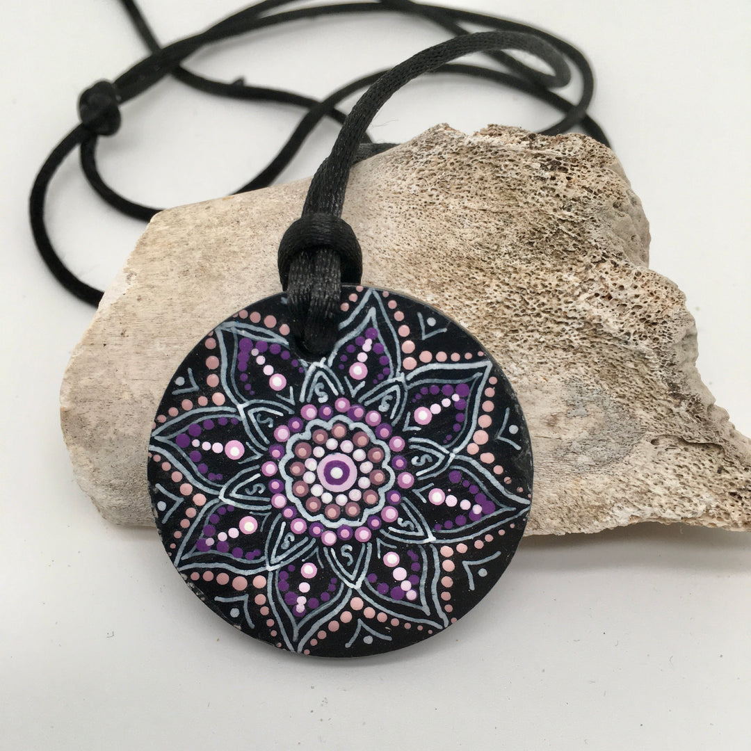 Necklace Round Pendant Mandala Pink and Purple