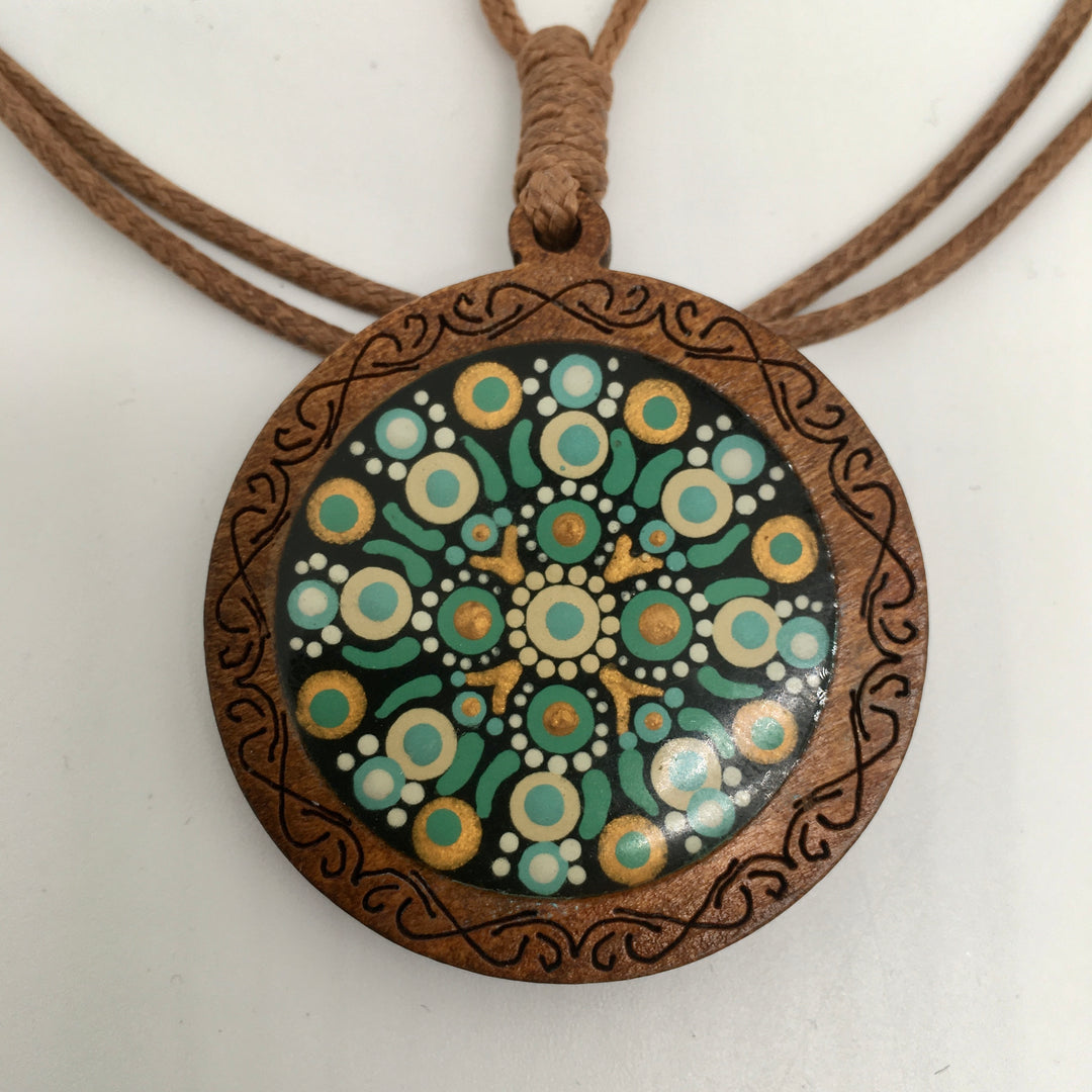 Leather Necklace with Wooden Mandala Pendant