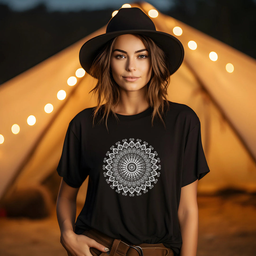 T-shirt with white mandala , designed by MandalaStone