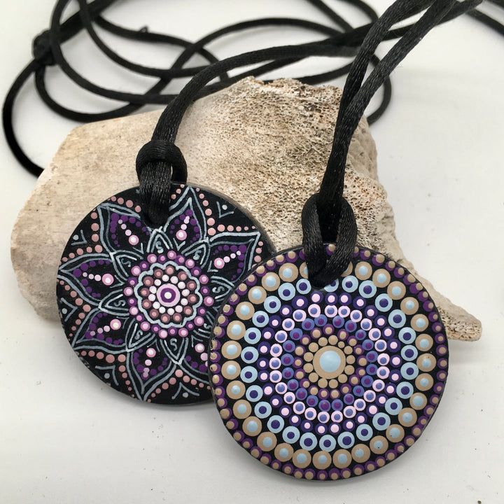 Necklace Round Pendant Mandala in Sand, Purple and Pink