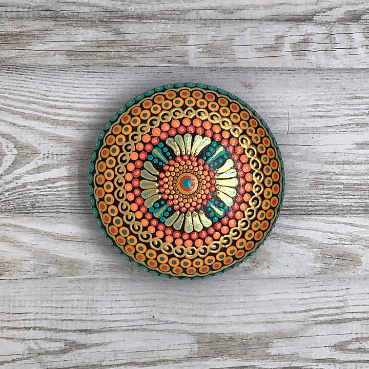 Mandala Stone Orange, Green and Gold small