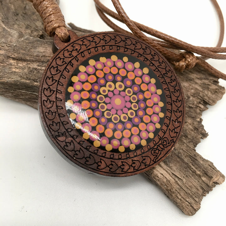 Leather Necklace with Wooden Mandala Pendant