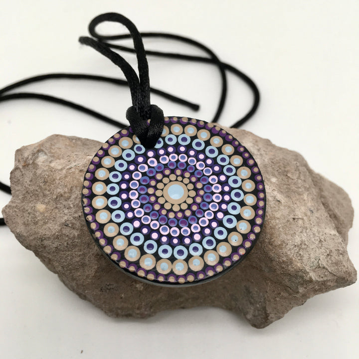 Necklace Round Pendant Mandala in Sand, Purple and Pink