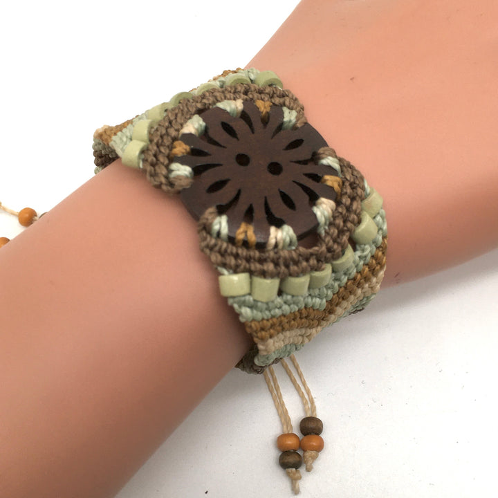 Macrame Bracelet Cuff in Soft Green, Brown and Ecru