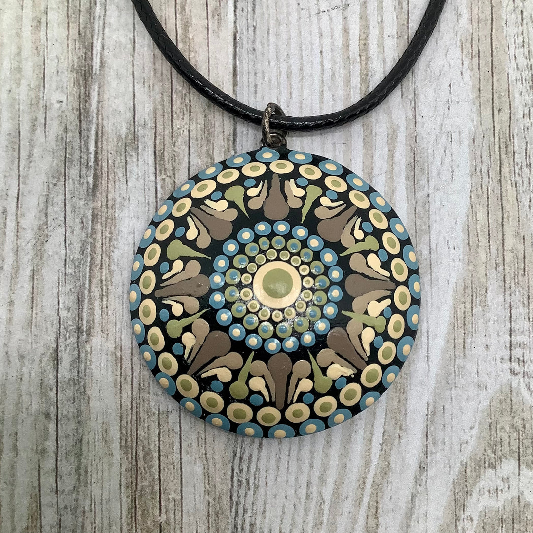 Necklace Dot Mandala Pendant Taupe, Soft Green and Light Blue