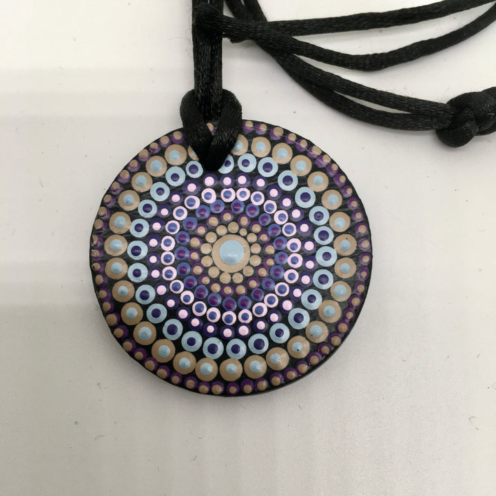 Necklace Round Pendant Mandala in Sand, Purple and Pink