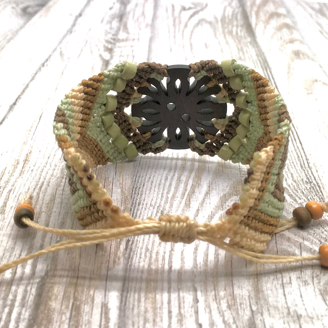 Macrame Bracelet Cuff in Soft Green, Brown and Ecru