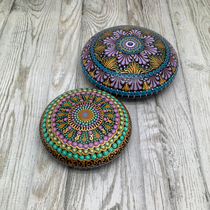 Mandala Steen Dot Art Roze, Mintgroen en Goud 