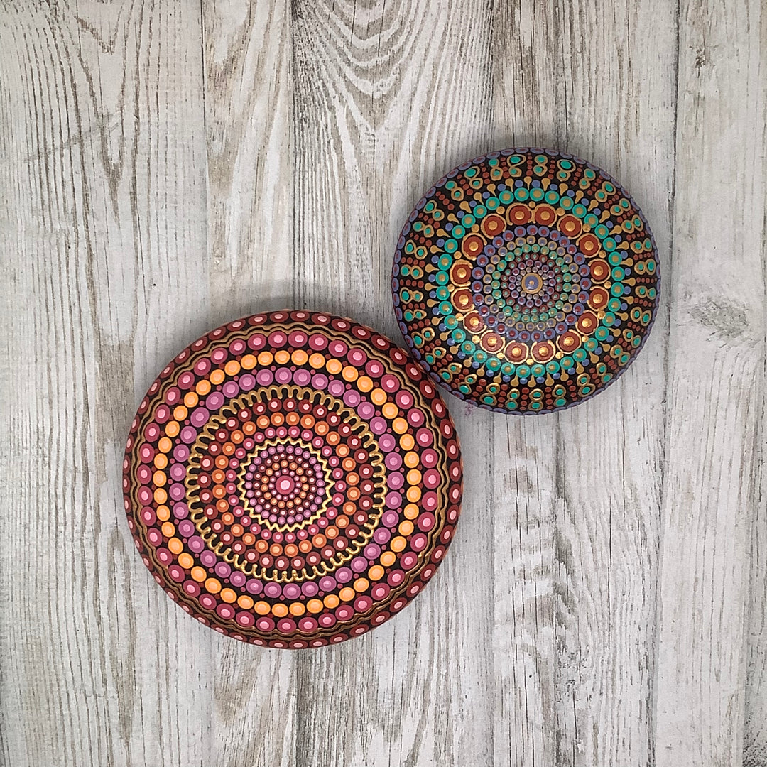 Dot-painted Mandala Stone in Pink, Orange, Red and Gold medium