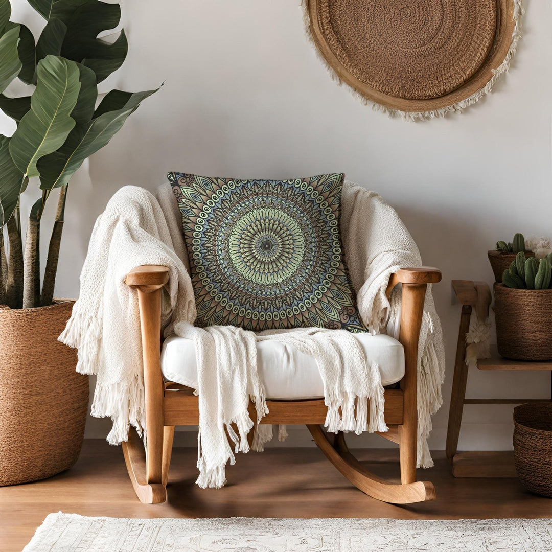 Boho chair with throw pillow mandala design from MandalaStone