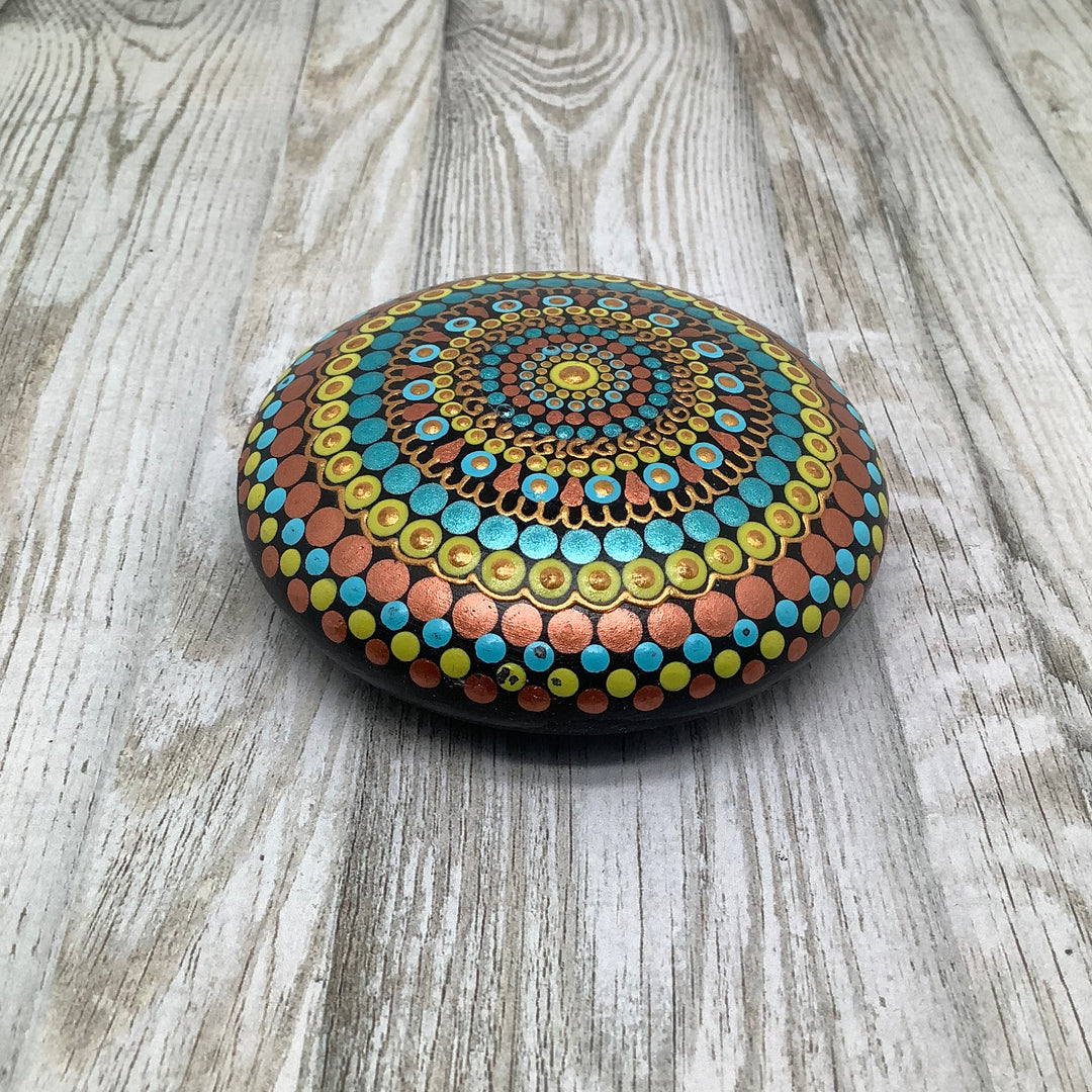 Mandala Rock in Copper, Turquoise and Yellow small