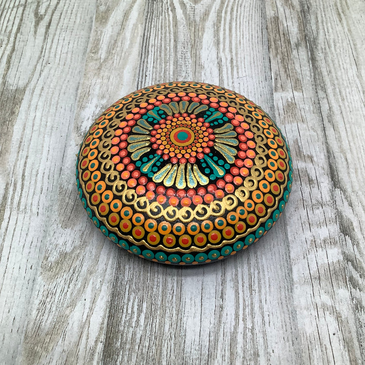 Mandala Stone Orange, Green and Gold small