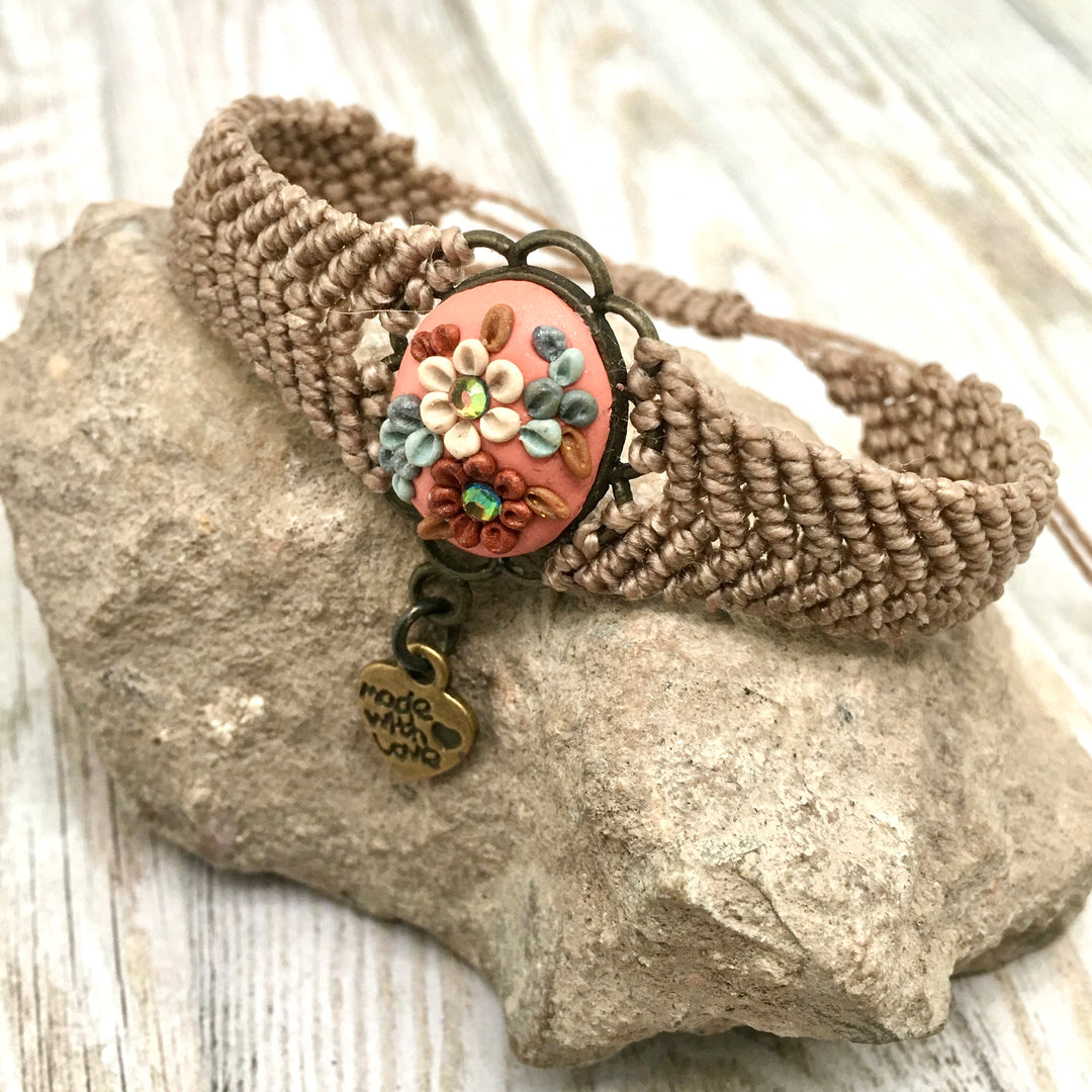 Macrame Bracelet with Flower Cabochon