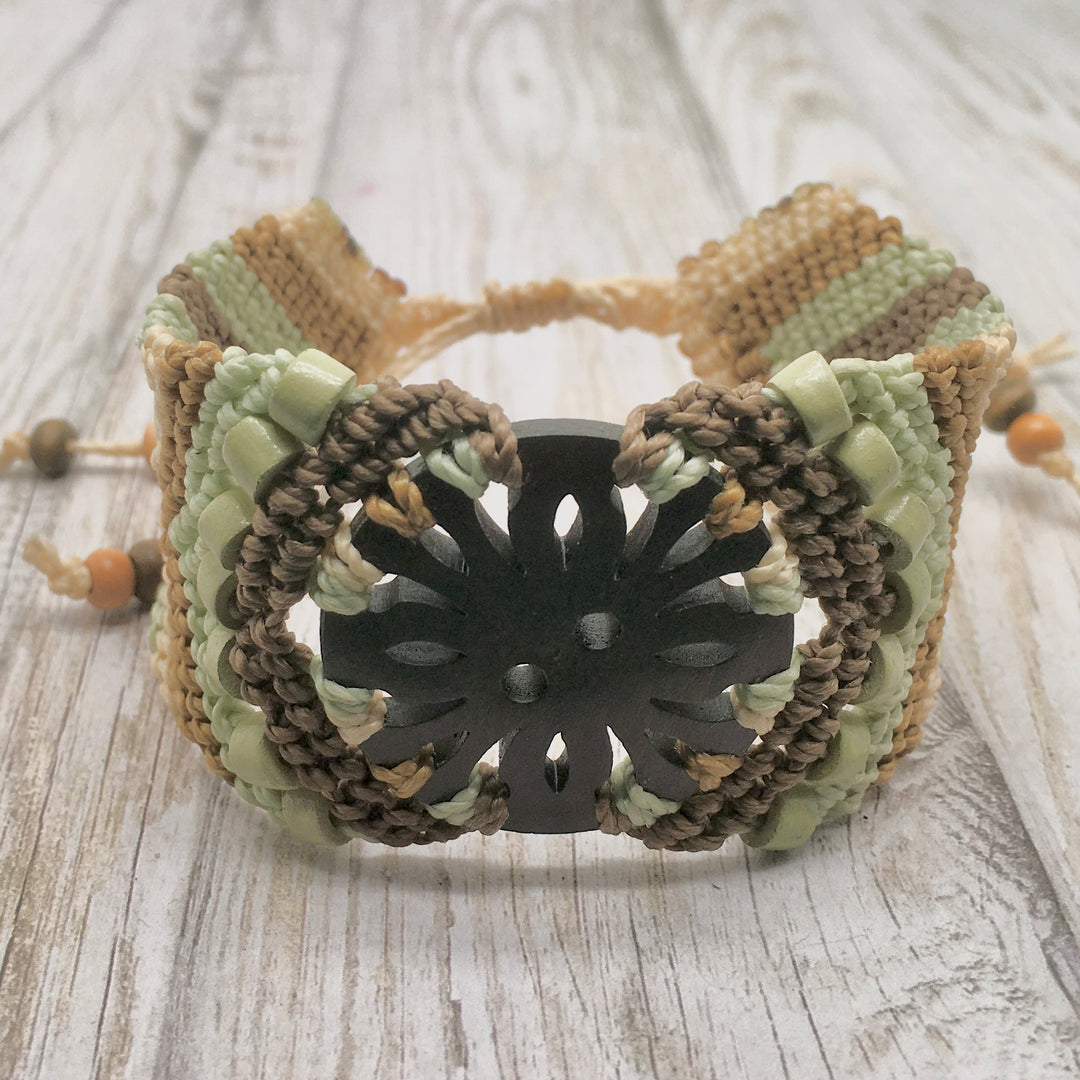 Macrame Bracelet Cuff in Soft Green, Brown and Ecru