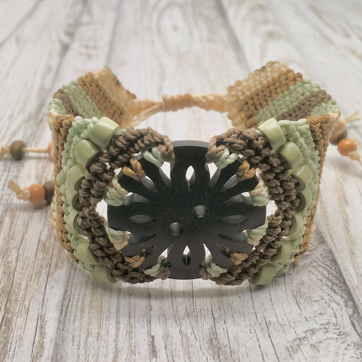 Macrame Bracelet Cuff in Soft Green, Brown and Ecru