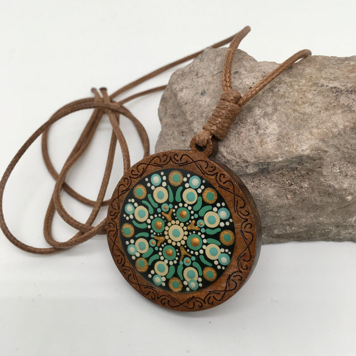 Leather Necklace with Wooden Mandala Pendant