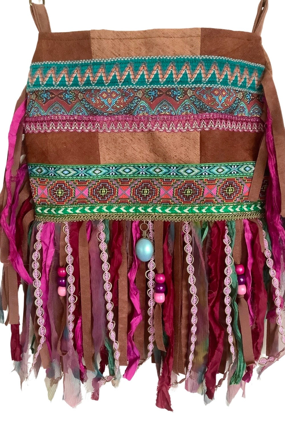 Bark cloth boho bag barkcloth with pink ribbons and fringe