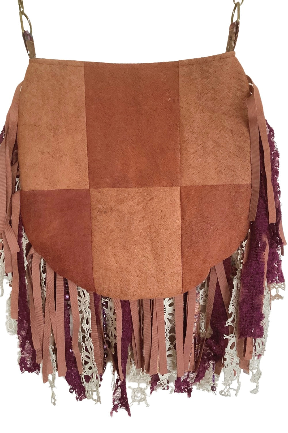 Barkcloth crossbody bag aubergine fringe back