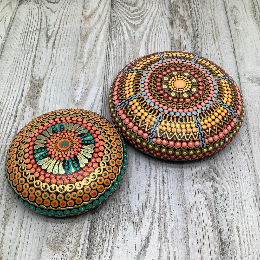 Mandala Stone Orange, Green and Gold small