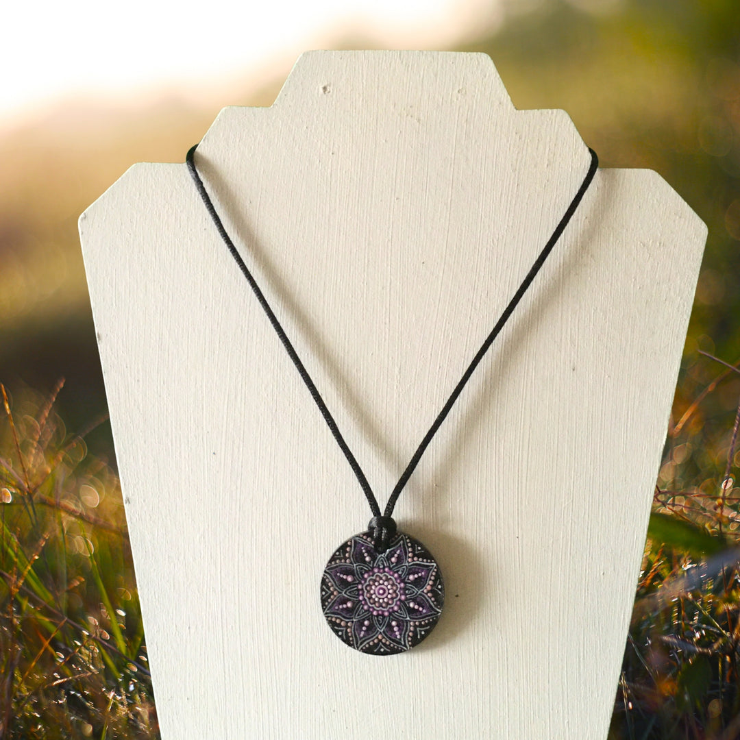 Necklace Round Pendant Mandala Pink and Purple