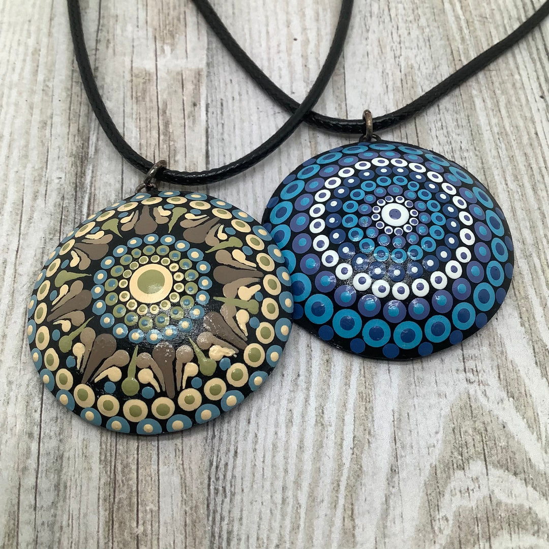 Necklace Dot Mandala Pendant Taupe, Soft Green and Light Blue