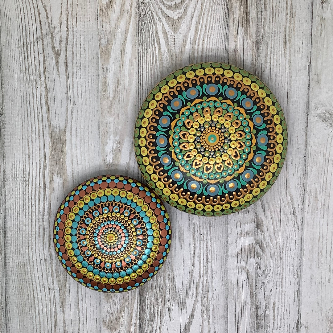 Mandala Rock in Copper, Turquoise and Yellow small