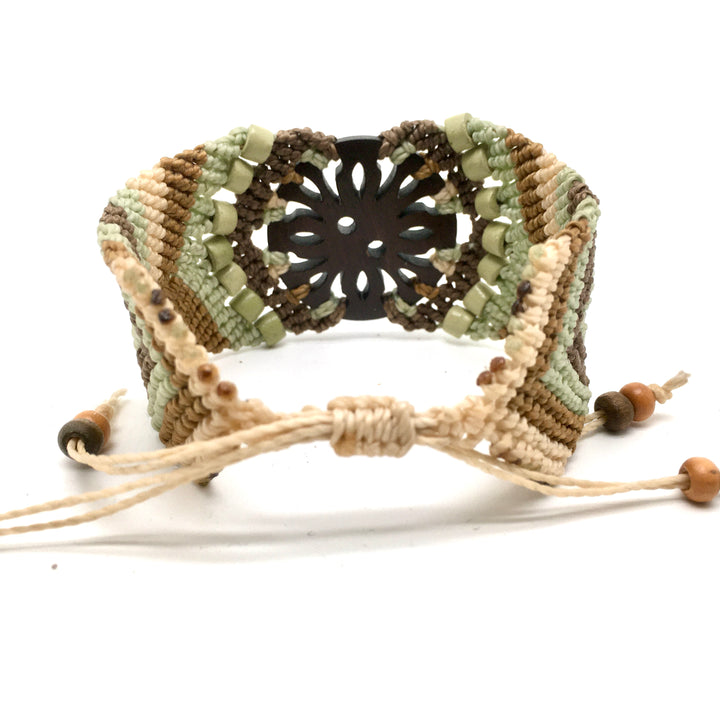 Macrame Bracelet Cuff in Soft Green, Brown and Ecru