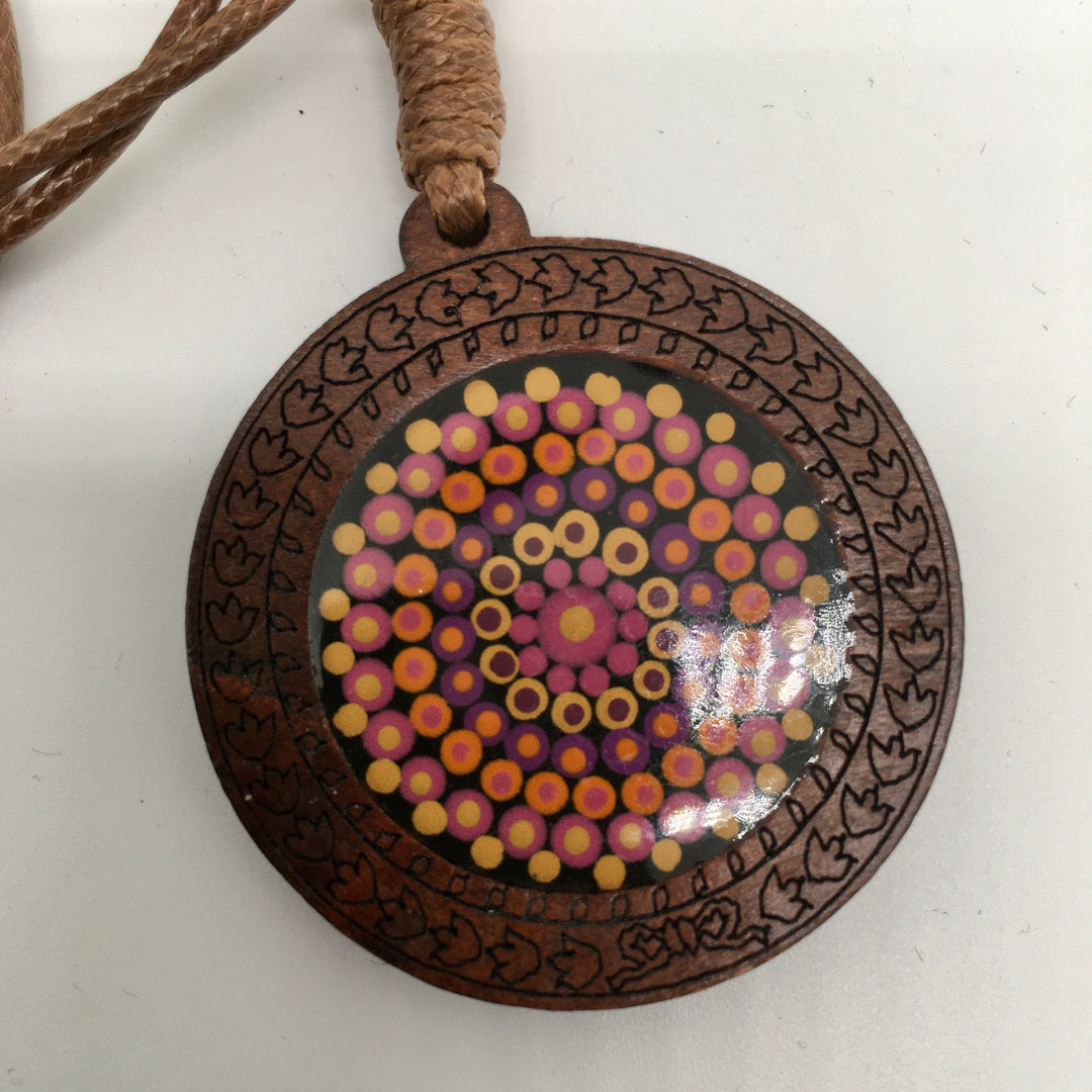 Leather Necklace with Wooden Mandala Pendant