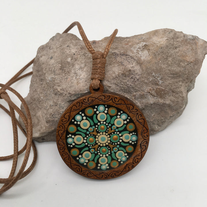 Leather Necklace with Wooden Mandala Pendant